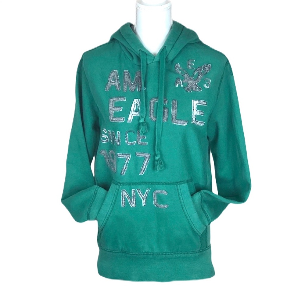 American Eagle Graphic Hoodie XS Green Pullover Sweatshirt Fleece Logo EUC